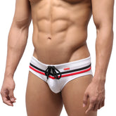 MetroMaleWear Eagle swim brief 4948-01 white swim trunks with black and red striped accents and drawstring waistband