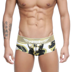 Black and white boxer briefs with gold chain pattern and glittery gold waistband branded miiine metro malenwear egyptian trunk 7013-99