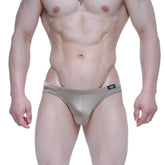MetroMaleWear elegance bikini 5103-M02 shiny metallic gold briefs with sleek form-fitting design and black brand tag on waistband
