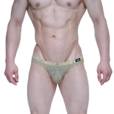 MetroMaleWear elegant bikini 5103-M65 yellow and gray tropical leaf patterned men’s briefs with black waistband tag