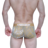MetroMaleWear elegant short boxer 2026-65 gold and silver leaf patterned men’s briefs with metallic waistband front view
