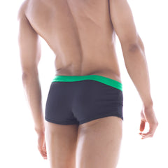 Black swim trunks with vibrant green waistband by MetroMaleWear suitable for swimming and beachwear