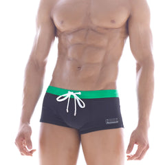 Black swim trunks with vibrant green waistband and white drawstring metroMalewear emerald swim boxer 4929-20