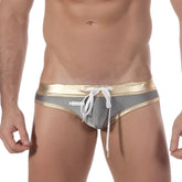 Silver and gold metallic swim trunks with white drawstring from MetroMaleWear empire swim brief charcoal 4920-11