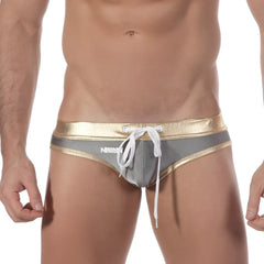 Silver and gold metallic swim trunks with white drawstring from MetroMaleWear empire swim brief charcoal 4920-11