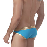 MetroMaleWear Empire swim brief in bright blue with shiny gold waistband and trim for stylish poolside wear