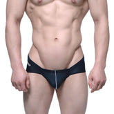 MetroMaleWear Entropy bikini black swim trunks with white vertical stripe and small logo on left hip
