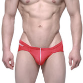 Red metro male wear entropy bikini briefs with white vertical seam and new branding on waistband