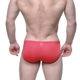 Back view of metroMaleWear entropy bikini red 1006-12 men’s briefs with smooth fabric and small logo on waistband