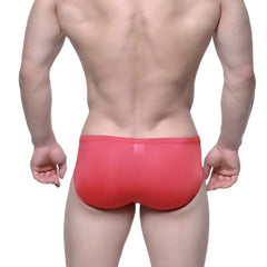 Back view of metroMaleWear entropy bikini red 1006-12 men’s briefs with smooth fabric and small logo on waistband