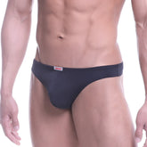 Black mens briefs snug fit with small red logo on waistband metro malewear epoca thong black 1302-20 front view