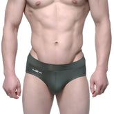 Dark olive green metroMaleWear Espacio brief 5104-26 with sleek form-fitting design and subtle white logo on waistband