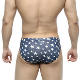 Navy blue swim trunks with white star pattern by metromalewear estella bikini 5103-14 designed for beachwear
