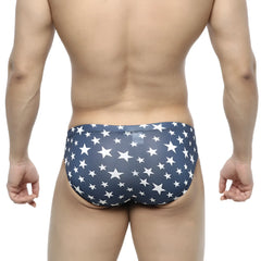 Navy blue swim trunks with white star pattern by metromalewear estella bikini 5103-14 designed for beachwear