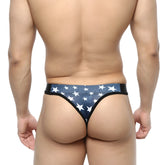 MetroMaleWear Estella thong 2502-91 in blue and white star pattern with black trim showing front side