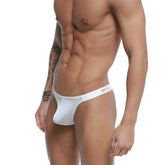 White mens thong with narrow waistband and gold annuy branding metro male wear estrema thong white 2332-00