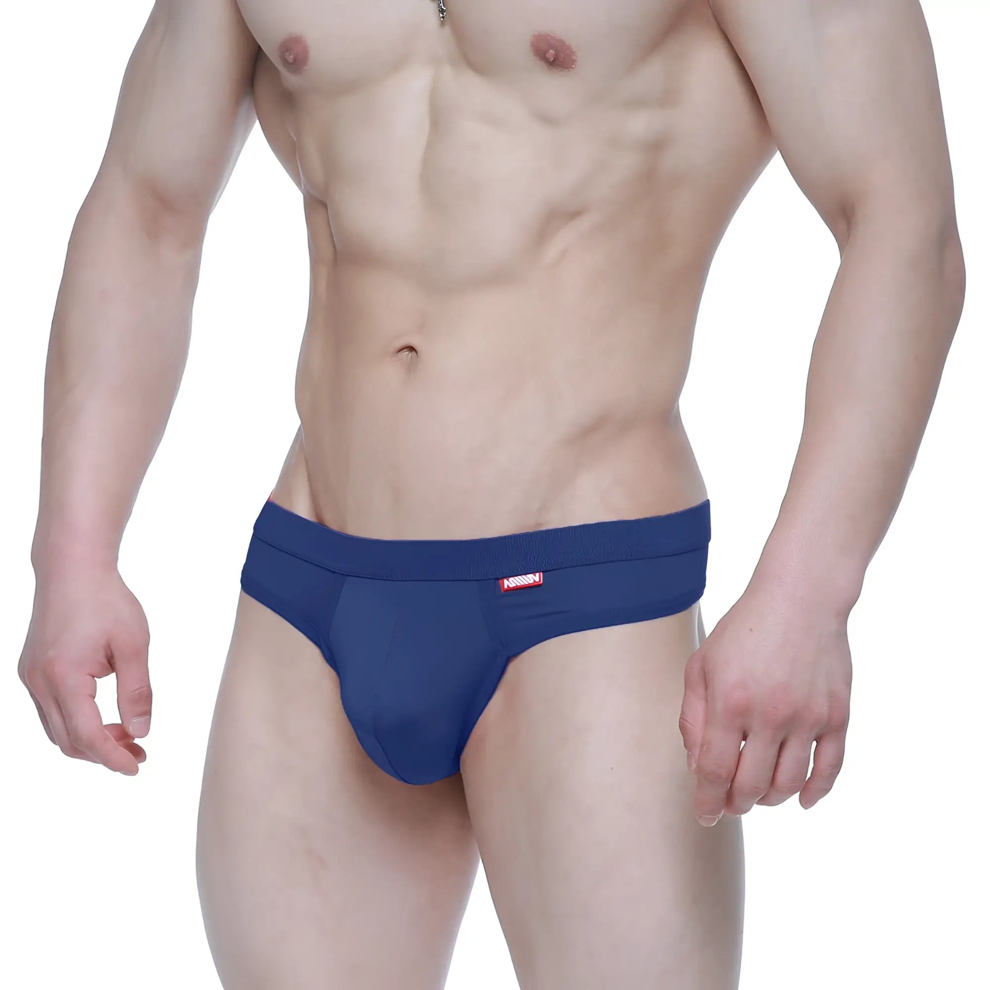Navy blue metro male wear eterna thong 3722-28 with snug fit and small red logo on waistband front view