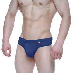 Navy blue metro male wear eterna thong 3722-28 with snug fit and small red logo on waistband front view