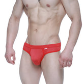 Red mesh briefs with a solid red waistband and white logo on the side from MetroMaleWear Eterna Thong Red 3722-12