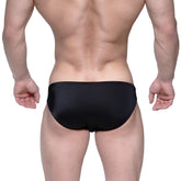 MetroMaleWear Eureka Bikini black swim trunks with sleek design and subtle textured finish for men