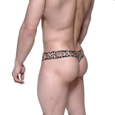 MetroMalewear eureka thong in leopard print sheer stretchy fabric with brown and black pattern visible from front side