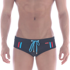 MetroMaleWear Europa swim brief black with vibrant blue and red side stripes and light blue drawstring front bow