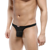MetroMaleWear Europa thong black mesh with narrow waistband and small red logo on the front