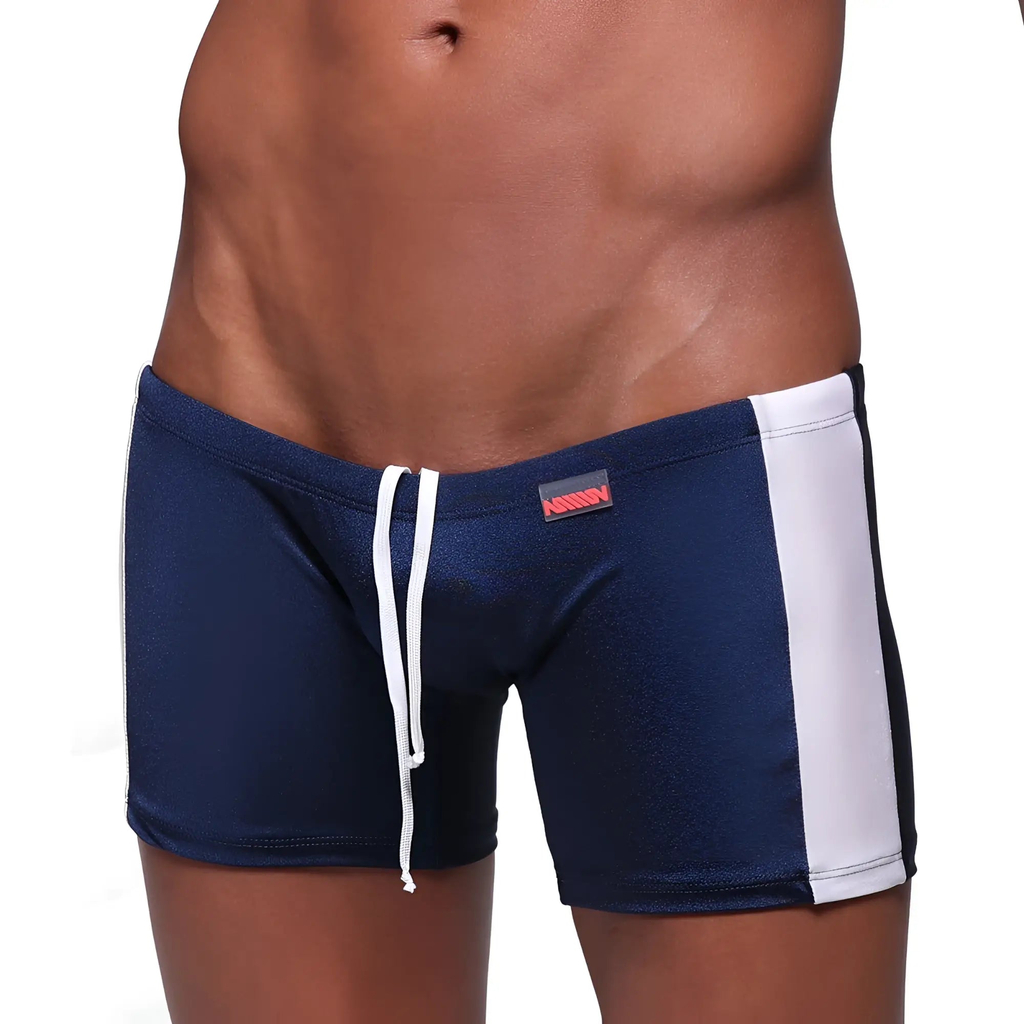 Metro malewear extreme square navy 4933-28 navy blue swim trunks with white side stripes and matching drawstring waistband