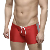 MetroMaleWear Extreme Square red swim trunks with gray side panel and white drawstring for comfortable beachwear