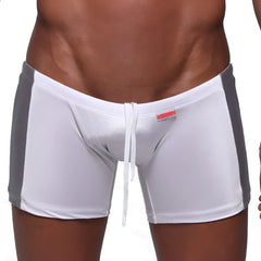 White and gray athletic swim trunks metro male wear extreme square 4933 00 with shiny textured fabric and drawstring waistband