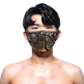 A black and gold sequined face mask with an intricate paisley design by MetroMaleWear metal paisley gold 0111-61
