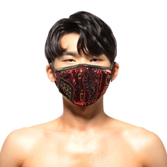 A red and black sequined face mask with gold embroidery details from MetroMaleWear metal paisley collection