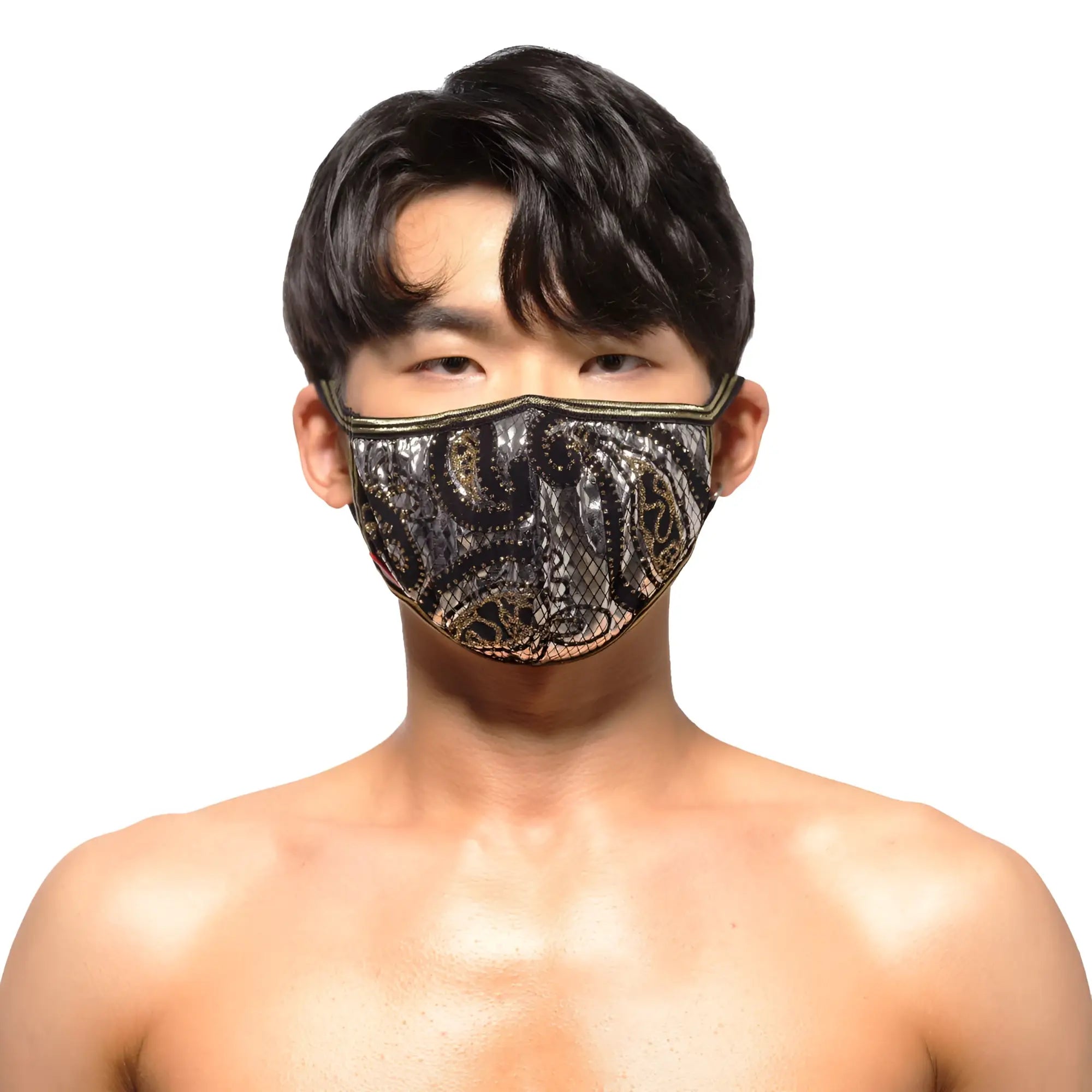 MetroMaleWear face mask metal paisley silver 0111-63 black and gold lace with intricate paisley patterns