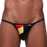 Black thong bikini with red and gold german flag panels and small red brand tag on waistband from MetroMaleWear Fantasia