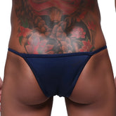 Navy blue MetroMaleWear Fantasia bikini thong with smooth stretchable fabric and thin waistband back view