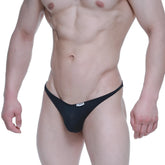 Black form-fitting thong with small white waistband label from metromalewear fantasy bikini 6116-20 back view