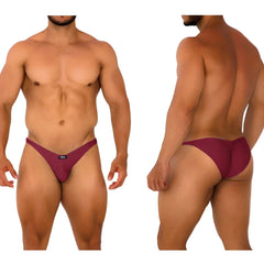 Maroon form-fitting briefs with sleek design and small black logo front metroMalewear fantasy bikini burgundy 6116-29