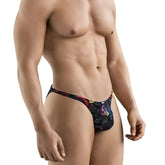 Black mens briefs metro male wear fantasy bikini pinaculo 6116-44 with vibrant red pink yellow and purple geometric pattern
