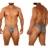 Gray form-fitting briefs with sleek minimalist design and black brand tag at waistband from MetroMaleWear Fantasy Bikini Platinum 6116-10
