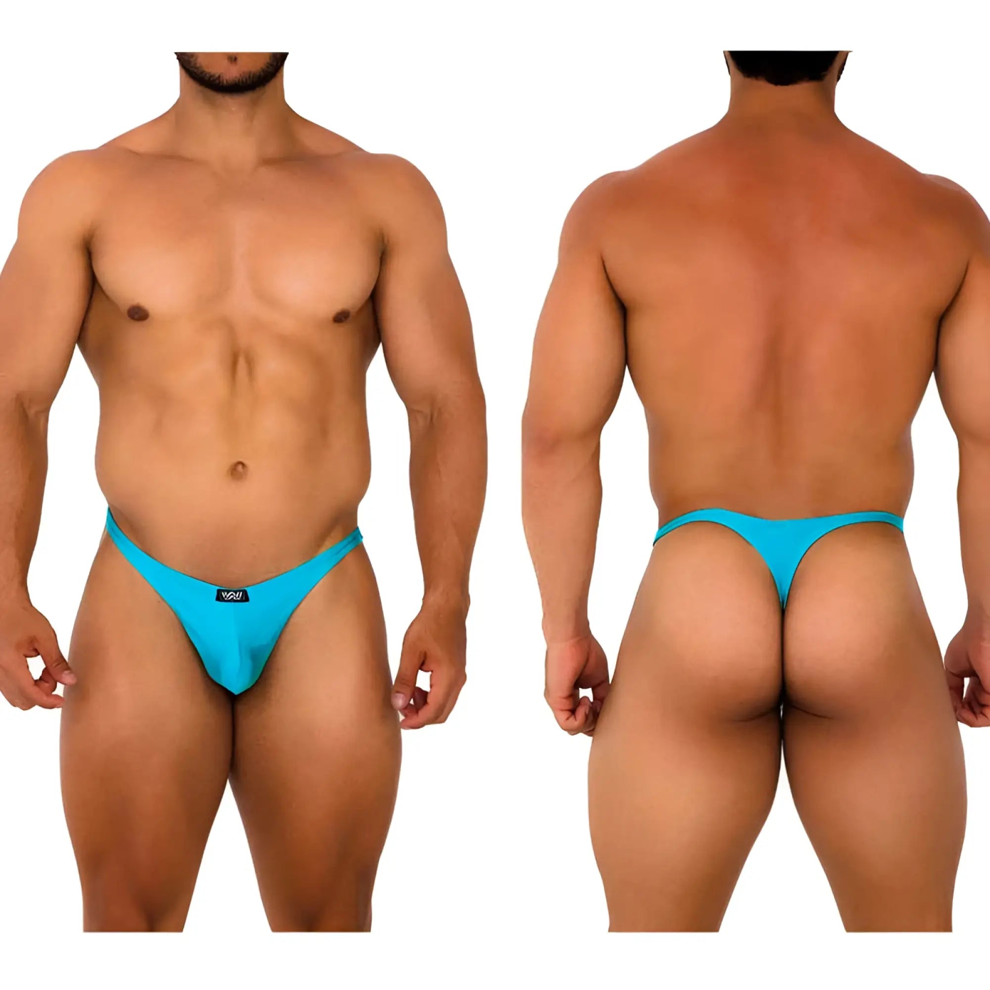 Bright turquoise MetroMaleWear Fantasy thong 6112-09 with sleek form-fitting design and small black front logo