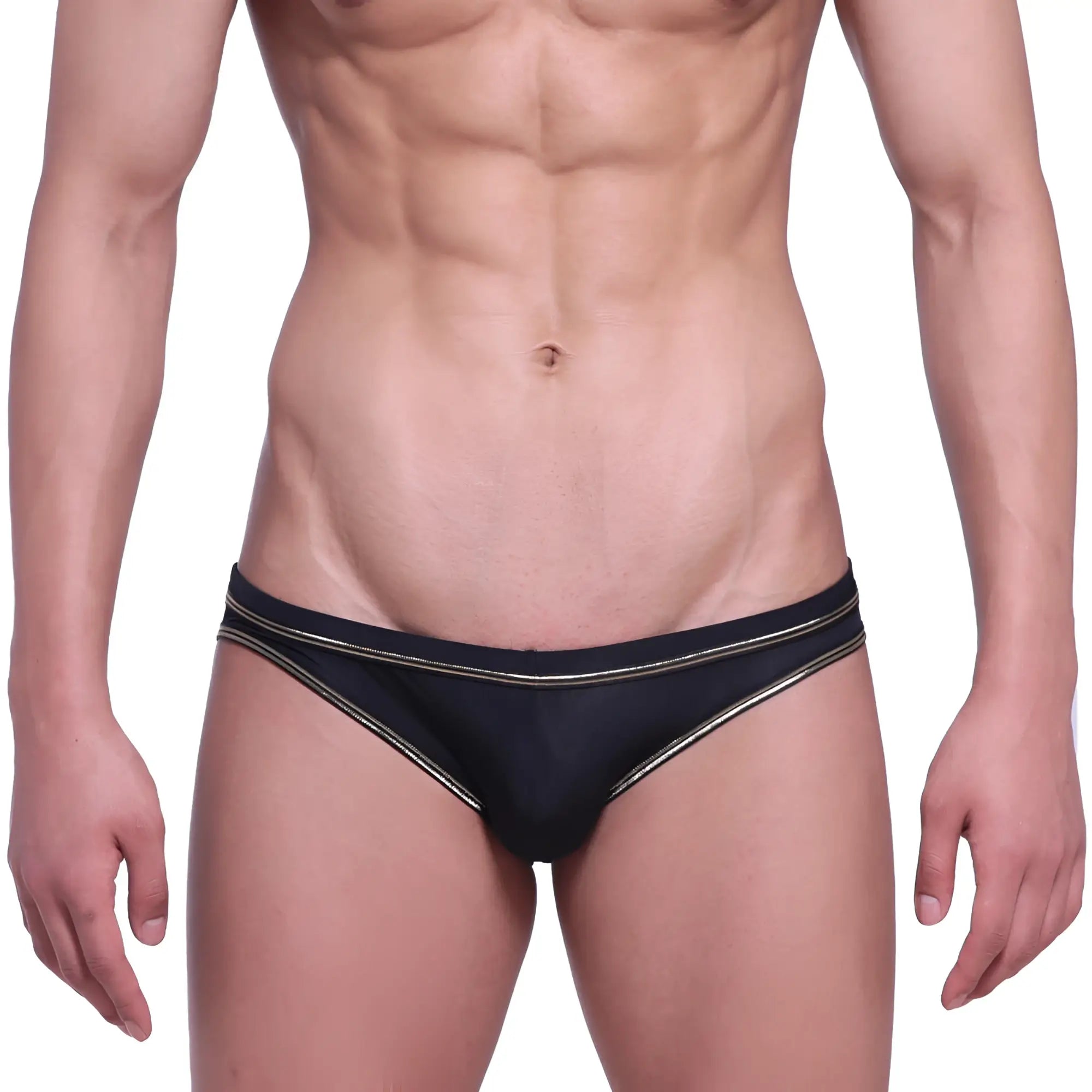 Black metroMalewear faro jock strap swim trunks with thin metallic gold trim on waistband and leg openings