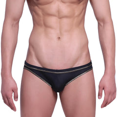 Black metroMalewear faro jock strap swim trunks with thin metallic gold trim on waistband and leg openings