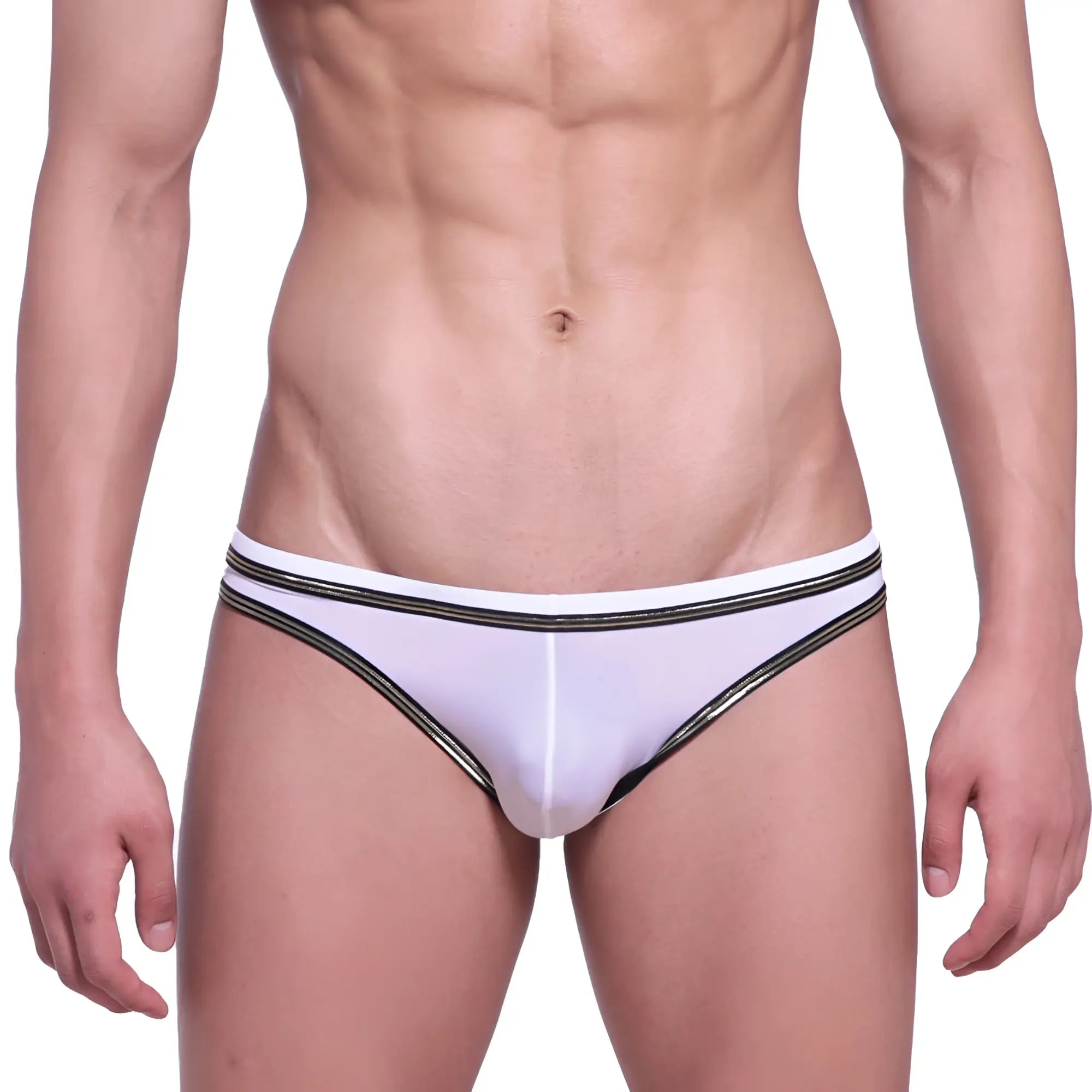 White briefs with black and gold striped trim from metromalewear faro jock strap 5001-40 front view