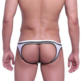 MetroMaleWear Faro jock strap white 5001-40 with white and black stripes and a cutout design shown from the back side