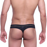 Metro male wear faro thong black with thin metallic gold trim along the waistband showing the back side