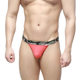 Metro male wear felix thong red 7012-12 red mesh thong with camouflage patterned waistband front view