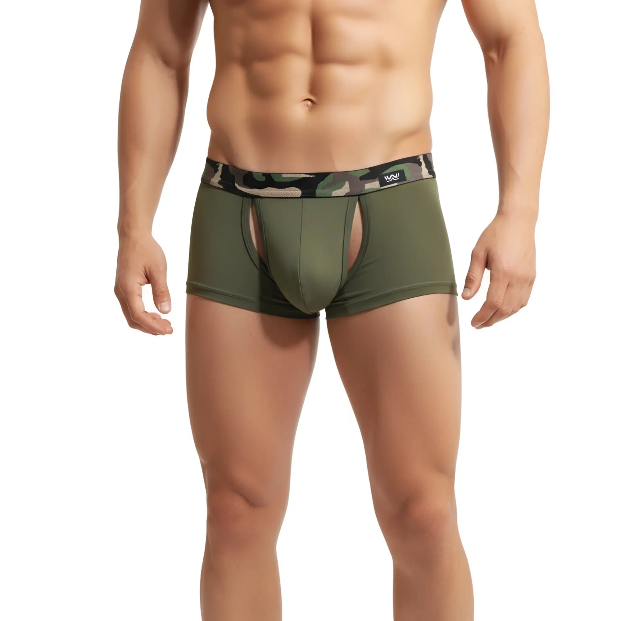 Olive green MetroMaleWear Filamento trunk men’s boxer briefs with camouflage waistband and small black logo