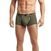 Olive green MetroMaleWear Filamento trunk men’s boxer briefs with camouflage waistband and small black logo