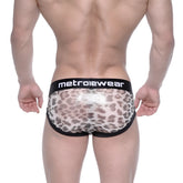 MetroMaleWear Filosofico bikini leopard mesh briefs with black elastic waistband trim and metroiewear logo
