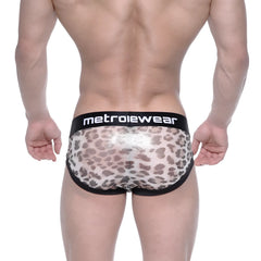 MetroMaleWear Filosofico bikini leopard mesh briefs with black elastic waistband trim and metroiewear logo